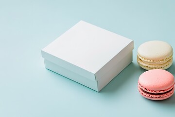 Blank white box with pink and white macarons
