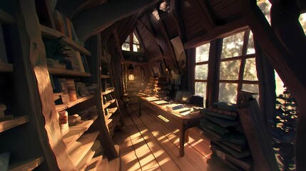 A cozy cabin room with natural sunlight, a desk with open notebook and book stack, and a bookshelf with ladder, exuding tranquility and intellectual pursuit.