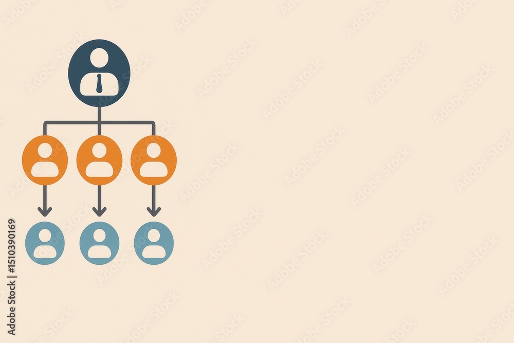 Poster organizational chart with hierarchical structure and icon representation of teamwork
