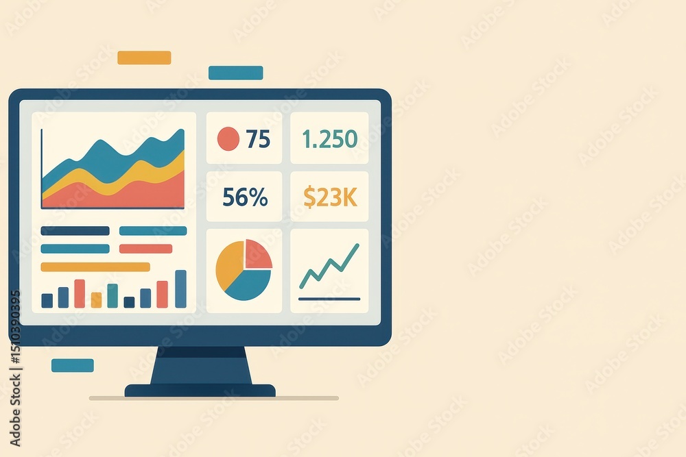 Poster colorful data visualization on computer screen with graphs and charts for business insights