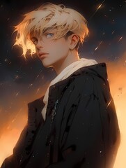 Anime young man, blonde hair, blue eyes, gazing at viewer, starry night sky, cinematic lighting.