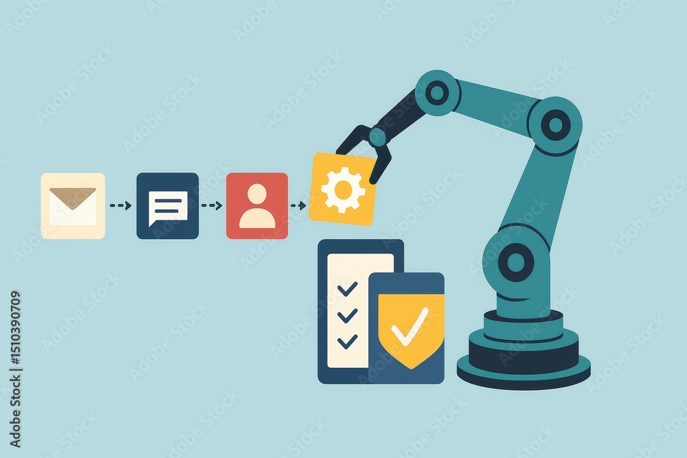 Poster automation technology in business process with robotic arm and icons of communication and tools