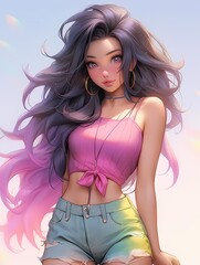 Anime style illustration of a confident, purple-haired character with pink crop top and denim shorts, jewelry, posing against a serene pink and blue sunset background