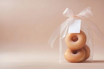Three sugar donuts in a gift bag with ribbon