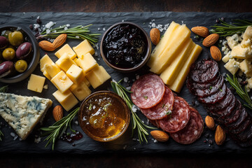 elegant flat lay of keto charcuterie board with cheese cubes, olives, almonds, salami, fig jam, dark slate background 
