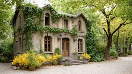 Obraz premium An old ivy covered house with yellow bushes sits under green trees outside.