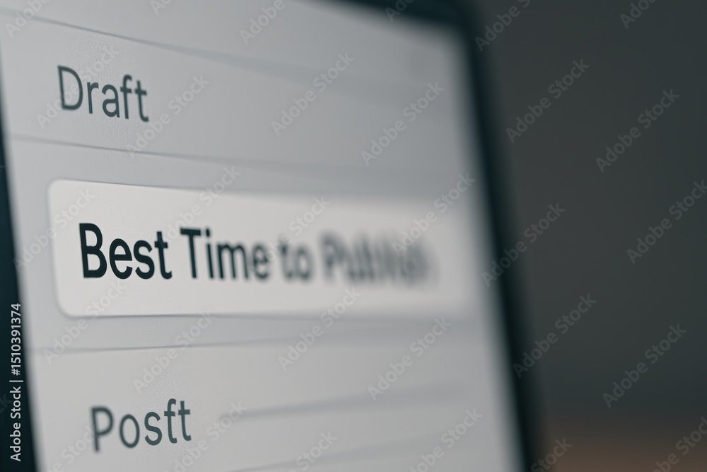 Poster close-up of smartphone screen displaying draft text for best time to publish in an app