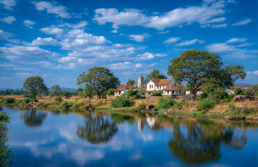 Obraz premium a house and tree reflected in the water, with a blue sky and white clouds above