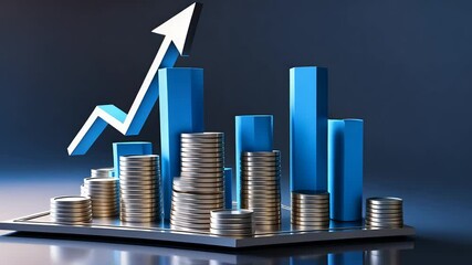 Blue upward arrow with stacked coins and growing bar graph on a reflective surface showing financial success - Powered by Adobe