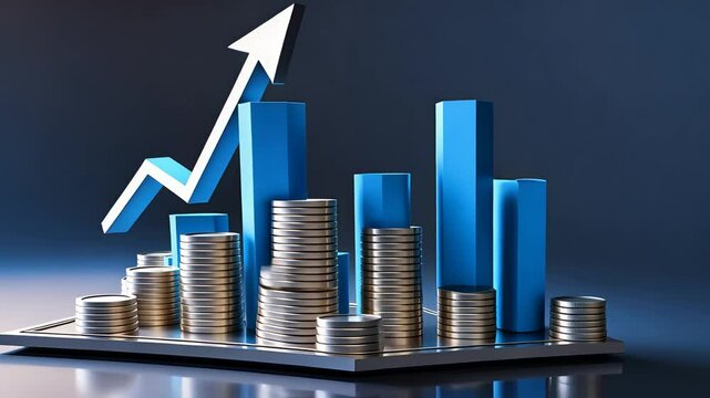 Blue upward arrow with stacked coins and growing bar graph on a reflective surface showing financial success