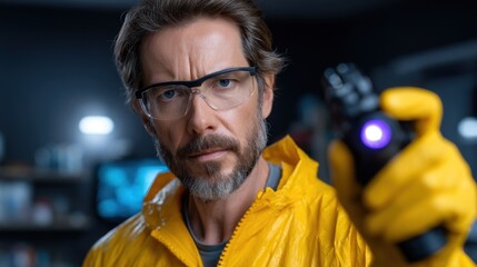 scientist dressed in a bright yellow protective suit and gloves is intently holding a device in a modern laboratory. environment is filled with scientific tools and equipment