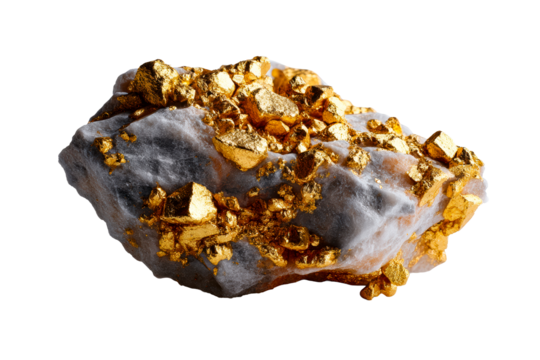 Natural gold ore rock with quartz and golden mineral deposits