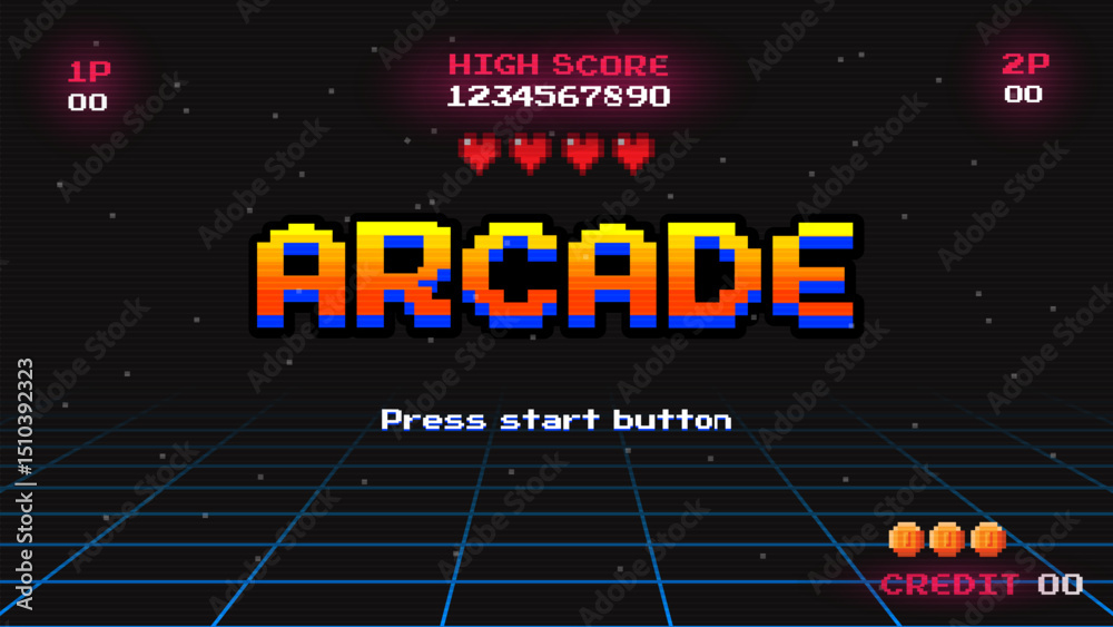 Fototapete ARCADE PRESS START BUTTON.pixel art .8 bit game.retro game. for game assets in vector illustrations.Retro Futurism Sci-Fi Background. glowing neon grid.and stars from vintage arcade comp