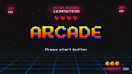 ARCADE PRESS START BUTTON.pixel art .8 bit game.retro game. for game assets in vector illustrations.Retro Futurism Sci-Fi Background. glowing neon grid.and stars from vintage arcade comp © Maderla