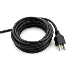 Black power cable coiled on white background