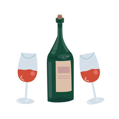 Wine lover vector illustrations. Flat wine bottle, glass of wine. Drink and alcohol design elements, stickers. Illustration for bar or restaurant menu design