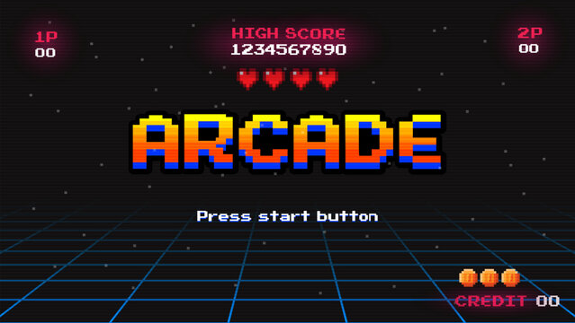 ARCADE PRESS START BUTTON.pixel art .8 bit game.retro game. for game assets in vector illustrations.Retro Futurism Sci-Fi Background. glowing neon grid.and stars from vintage arcade comp