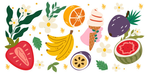 Cartoon summer stickers in retro style. Summer fruits, flowers, orange, watermelon, bananas, passion fruit, strawberries. Bright groovy elements. Trendy doodle labels, patches, stamps