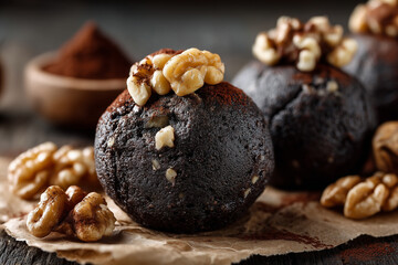 close-up of keto fat bombs, dark chocolate with nut topping, on parchment paper, rustic kitchen background 
