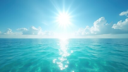 Obraz premium Sunlit turquoise ocean reflecting sunlight with puffy clouds in bright blue sky