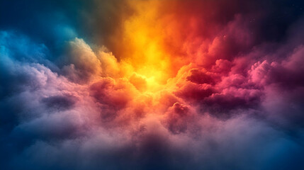 Obraz premium Vibrant, colorful cloudscape; a fiery, radiant light source at the center