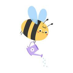 Kawaii cartoon bee flying with a purple watering can, sprinkling water drops. Flat vector illustration