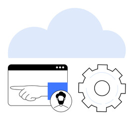 Cloud above browser window with pointing hand, user profile, gear icon. Ideal for technology, workflow, software, automation, cloud computing user interface. Perfect for a simple landing page