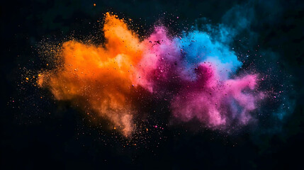 Naklejka premium Vibrant multicolored powder explosion against a dark background. Colorful bursts of orange, blue, and pink pigments suspended in the air, creating a dynamic and abstract design