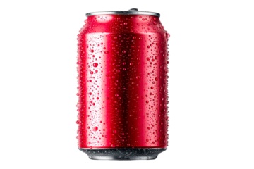 Refreshing red beverage can with dew on a transparent background