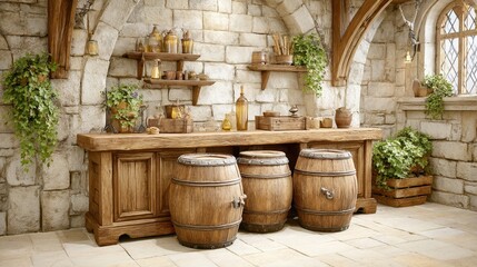 A rustic tavern interior showcases wooden barrels and stone wall details.