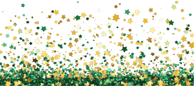 Abstract design with gold and emerald green confetti  isolated on transparent background