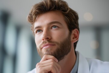 Obraz premium A man with a beard and glasses is looking at the camera. He is wearing a white lab coat and he is deep in thought