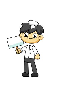 Cute Chef Holding Blank Banner, Chibi Cartoon with Loop Animation on White 