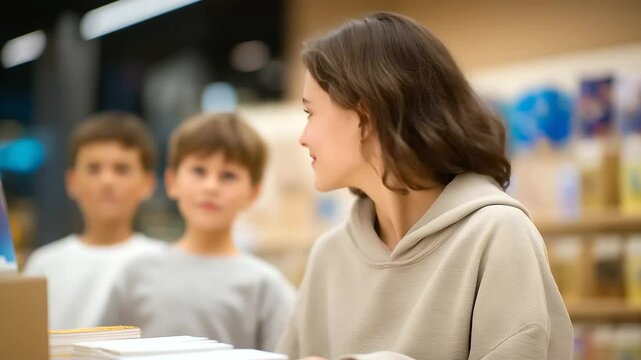 A parent shopping for stationery with kids in a bright store