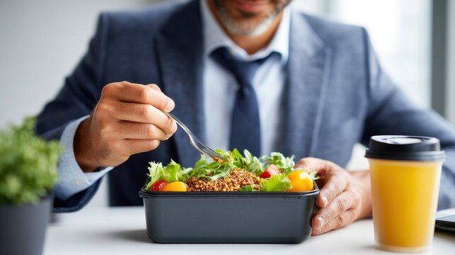 A businessman in a suit enjoys a healthy salad lunch, a balanced and nutritious meal for work.