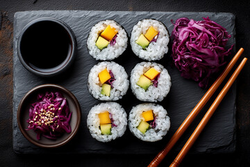 An assortment of colorful vegetarian sushi rolls with bamboo chopsticks