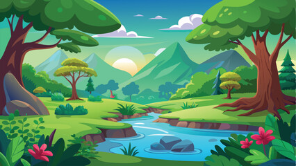 Cartoon Landscape with River, Flowers, Trees, and Mountain Backdrop at Sunrise