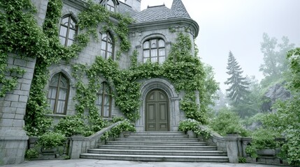 Fototapeta premium Ancient castle covered in ivy displays timeless beauty in a misty landscape.
