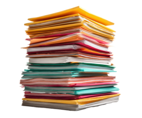 Colorful files organized for office documentation and planning on a transparent background, cut out