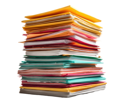 Colorful files organized for office documentation and planning on a transparent background, cut out