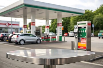Stainless steel tabletop in focus with blurred gas station background. Ideal for showcasing products, fuel industry themes, automotive concepts, or transportation-related commercial displays.

