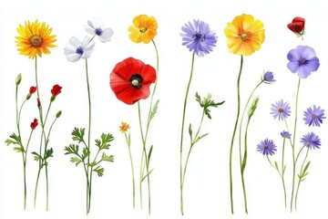 Fototapeta premium Beautiful watercolor representation of wildflowers including poppy and chamomile.