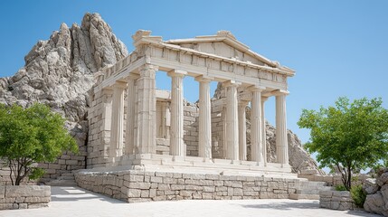 Obraz premium Classical greek temple ruins stand against a backdrop of rocky mountains.