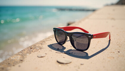 Pair of sunglasses on concrete by the sea with a shadow for fashion or vacation-related visuals 