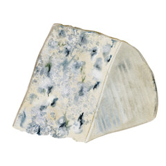 Piece of cheese watercolor illustration. Hand drawn dorblu or roquefort cheese with blue noble mold. Clip art food realism. Ideal for organic dairy farm packaging and restaurant menu design.