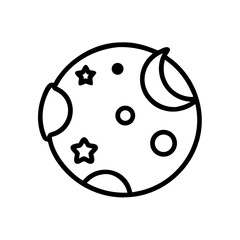 Line art illustration of a planet with stars and moons in vector style  