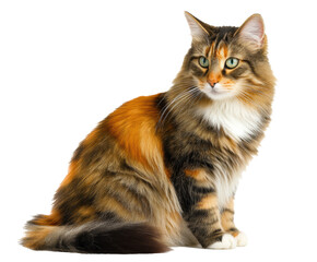 Obraz premium Colorful domestic cat sitting gracefully indoors on a transparent background, cut out
