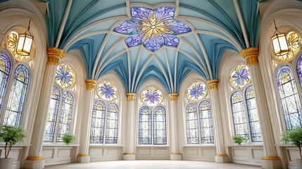 Obraz premium Elegant ballroom interior features ornate gothic architecture and stained glass.