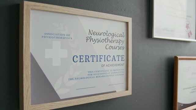 Part of wall with certificate of achievement in neurological psychotherapy courses issued to modern medical center or clinics specializing in use of various innovations