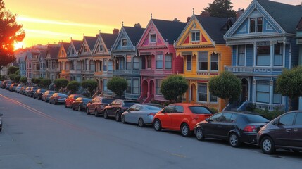 Obraz premium Colorful houses line a street at sunset